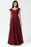 Lace Up Back Cross A Line Chiffon Bridesmaid Dress with Ruffles