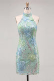 Mint Green Halter Floral Sequin Bodycon Short Homecoming Dress