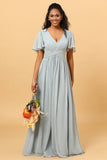 A Line V Neck Short Sleeves Chiffon Long Bridesmaid Dress