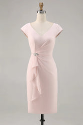 Candy Pink Sheath Ruffled Midi Mother Of Bride Dress