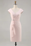 Candy Pink Sheath Ruffled Midi Mother Of Bride Dress