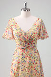 Yellow Flower Printed A Line Chiffon V Neck Bridesmaid Dress with Short Sleeves