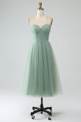 Matcha A Line Spaghetti Straps Tea Length Corset Tulle Bridesmaid Dress