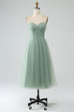 Matcha A Line Spaghetti Straps Tea Length Corset Tulle Bridesmaid Dress