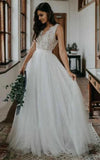 Rustic Boho Elegant A Line Tulle Lace V neck Open Back Floor Length Sleeveless Wedding Dress