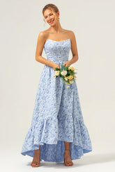 Blue A Line Strapless Brocade High Low Floral Bridesmaid Dress