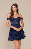 BRENNA MINI DRESS NAVY BLUE OFF SHOULDER TIERED SHORT DRESS