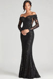 Off The Shoulder Black Sheath Mesh Lace Formal Dress