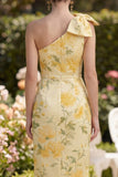 Sheath Floral One Shoulder Yellow Wedding Guest Dress with Slit
