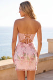 Floral Pink Sequin Corset Bodycon Strapless Homecoming Dress