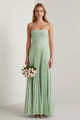 Sage Green Floral A Line Corset Pleated Long Bridesmaid Dress