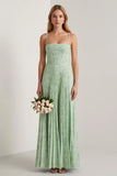 Sage Green Floral A Line Corset Pleated Long Bridesmaid Dress