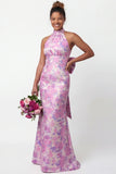 Halter Lilac Flower Mermaid Printed Long Bridesmaid Dress with Bow