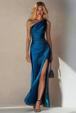 Simple Royal Blue One Shoulder Long Formal Dress with Slit