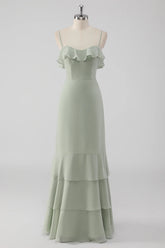 Dusty Sage Sheath Spaghetti Straps Pleated Long Bridesmaid Dress with Lace Up Back