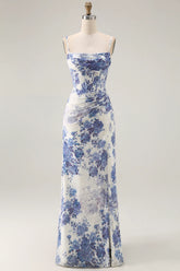 Blue Sheath Corset Floral Burnout Streamer Long Bridesmaid Dress with Slit