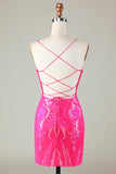 Unique Glitter Hot Pink Tight Short Homecoming Dress with Lace Up Back