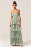 Dusty Sage A Line Sweetheart Tiered Chiffon Floor Length Dress