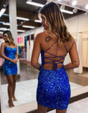 Glitter Red Sequin Spaghetti Straps Lace Up Tight Mini Party Dresses