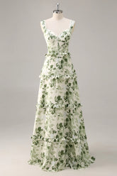 Green Flower A Line Corset Tiered Maxi Dress with Lace Up Back