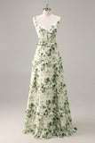Green Flower A Line Corset Tiered Maxi Dress with Lace Up Back