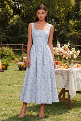 Blue Jacquard A Line Square Neck Wedding Guest Dress