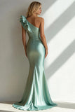 One Shoulder Light Green Mermaid Ruffle Long Formal Dress