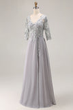 Silver Appliqued A Line V Neck Long Mother Of The Bride Dress with Lace Up Back