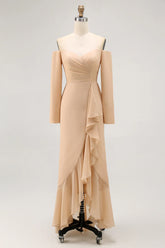 Champagne Sheath Off the Shoulder Long Bridesmaid Dress with Ruffles