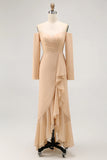 Champagne Sheath Off the Shoulder Long Bridesmaid Dress with Ruffles