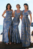 Mermaid Corset Burnout Velvet Blue Bridesmaid Dress with Watteau Train