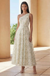 One Shoulder Floral Light Green A Line Wedding Guest Dress