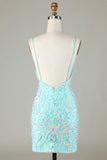 Sparkly Tight Spaghetti Straps Green Homecoming Dress with Backless