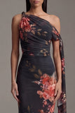 Asymmetrical Neck Black Mermaid Printed Long Formal Dress