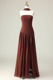 Brown Strapless Sheath Convertible Maxi Dress with Slit