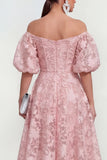 Floral Pink Off the Shoulder A Line Midi Wedding Guest Dress