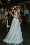 Marvelous V neck A Line Wedding Dress Tulle Appliques Rustic Wedding Dress