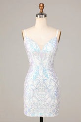 Sheath Spaghetti Straps White Sequins Short Homecoming Dress