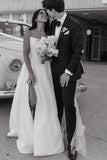 A Line White Satin Strapless Wedding Dresses with Slit