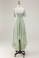 Sage Green A Line Chiffon Pleated High Low Bridesmaid Dress with Short Sleeves