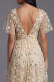 Floral Champagne A Line Wedding Guest Dress with Short Sleeves
