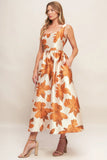 FALL FLORAL SATIN MIDI DRESS RUST