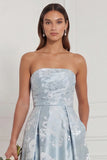Blue A Line Strapless Floral Bridesmaid Dress