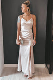 Beige V Neck Ruched Long Bridesmaid Dress with Slit