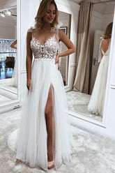 A Line V Neck Straps Tulle Split Wedding Dress Bridal Gown with Lace