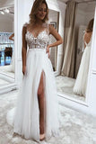A Line V Neck Straps Tulle Split Wedding Dress Bridal Gown with Lace