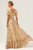 Yellow Flower Printed A Line Chiffon Long Bridesmaid Dress with Short Sleeves