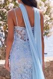 Blue Floral Lace Spaghetti Straps Wedding Guest Dress with Scarf