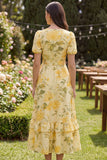 Floral V Neck Yellow Ruffled Wedding Guest Dress with Sash