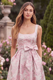 Pink A Line Floral Jacquard Bow Midi Wedding Guest Dress